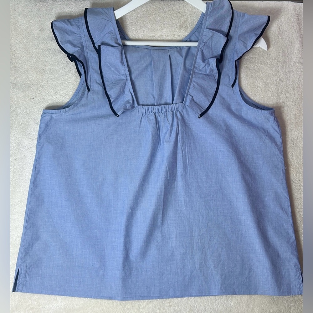 J Crew Ruffle Blouse Poplin Feminine s14 Women’s Nautical Blue 100% cotton - Picture 4 of 13